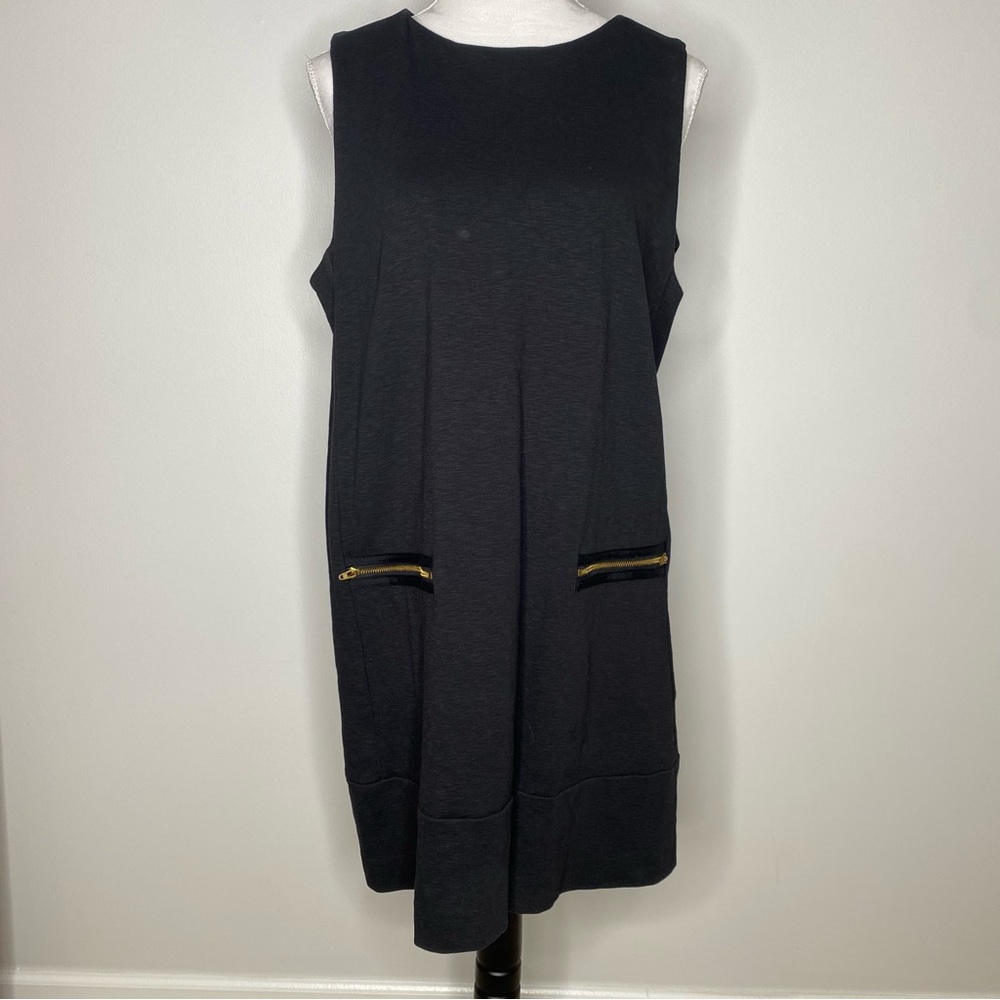 J Crew classic black shift dress with gold zipper pockets size large